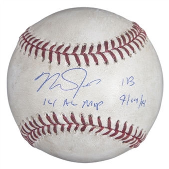 2014 Mike Trout Game Used, Signed & Inscribed OML Selig Baseball Used For Single in 2014 MVP Season (MLB Authenticated)